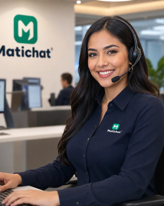 Asesora de MatiChat atendiendo con diadema desde su puesto de trabajo