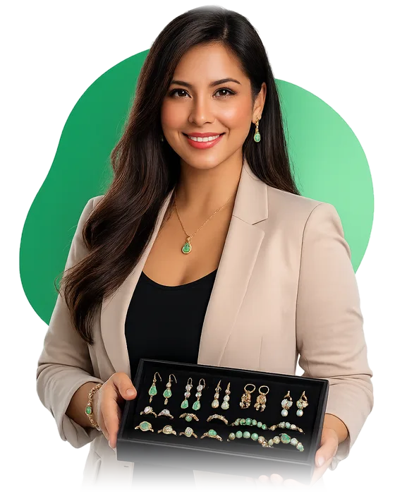 Joyera mostrando una bandeja de anillos y aretes