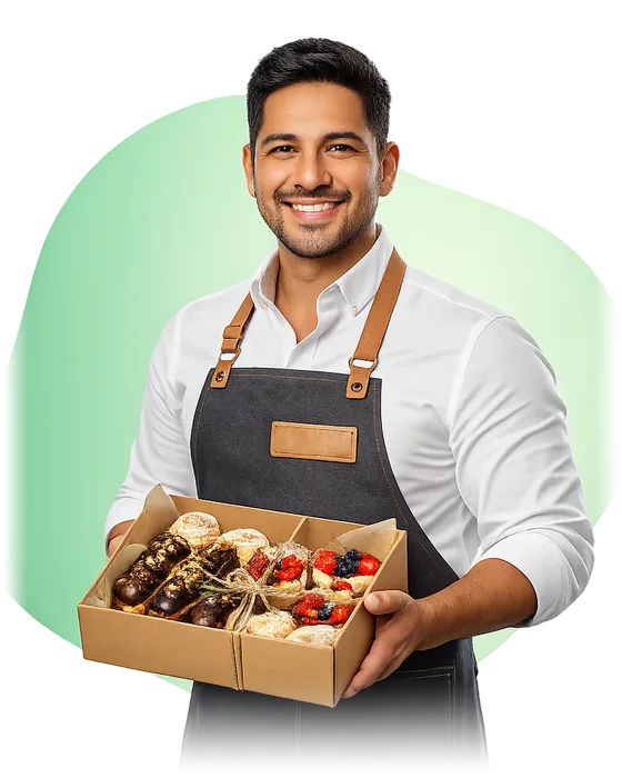 Pastelero con una caja de postres surtidos