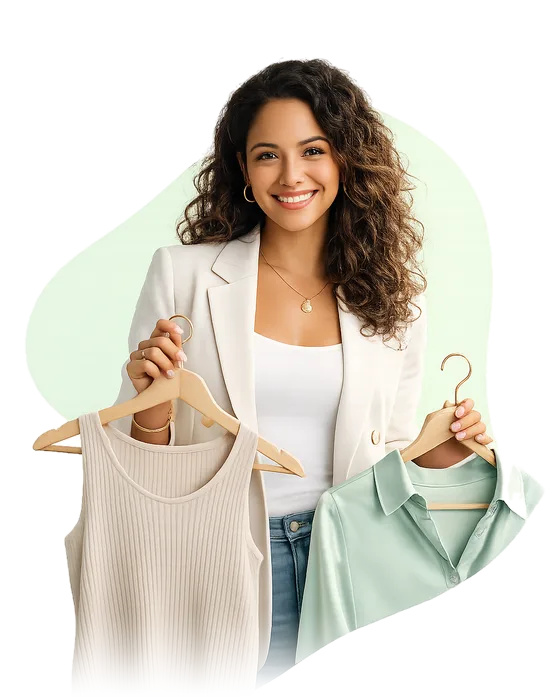 Emprendedora de ropa mostrando dos prendas